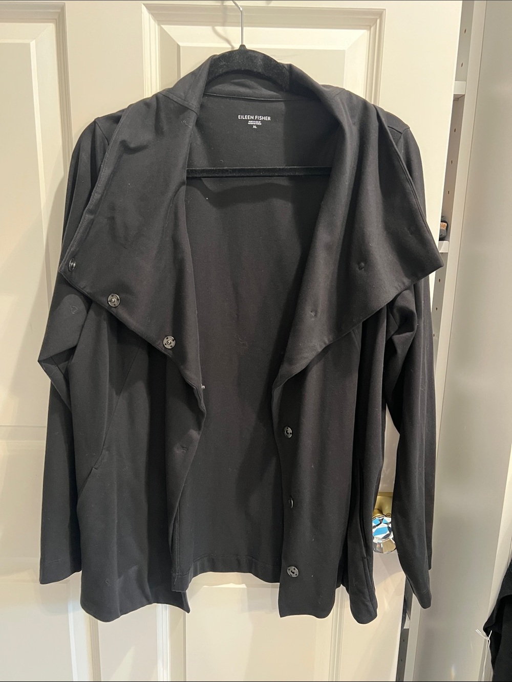 Eileen Fisher Black Draped Collar stretchy cotton coat